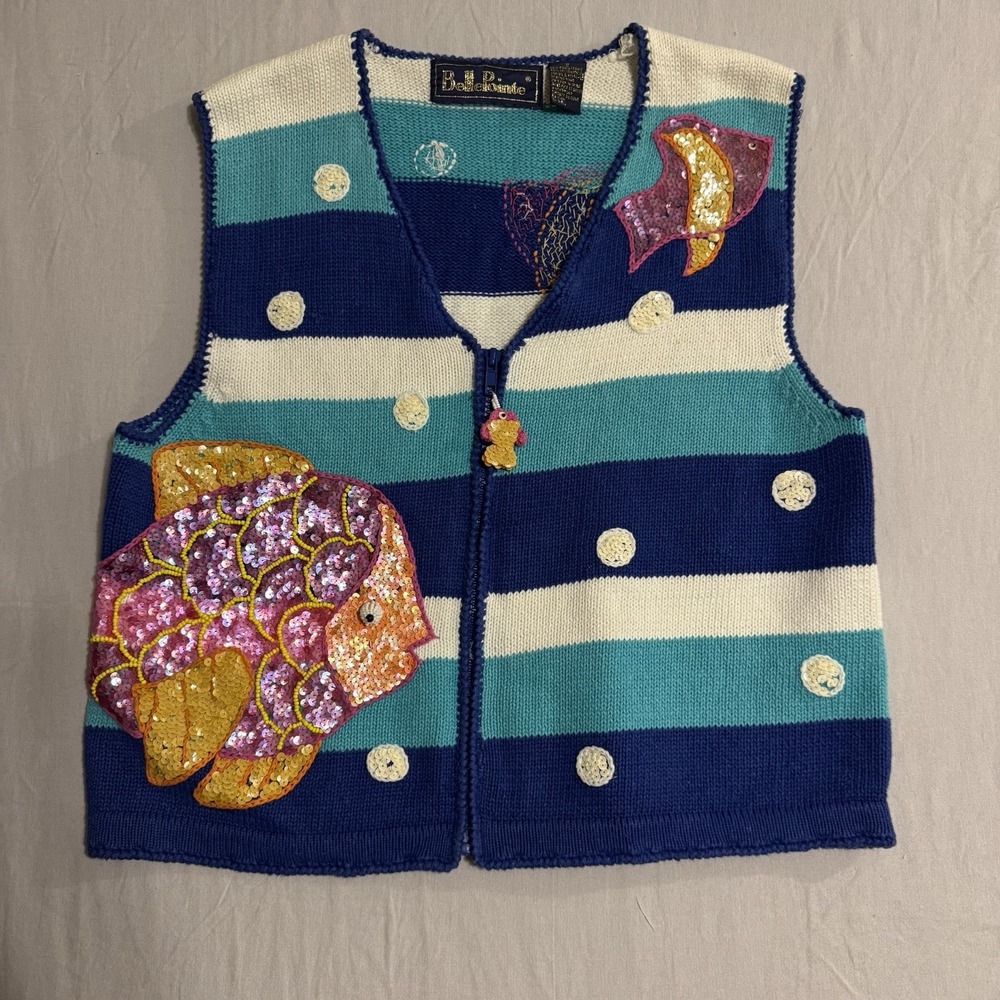 Vintage Belle Pointe Sweater Womens Small Vest Artsy Whimsical Fish Bubbles